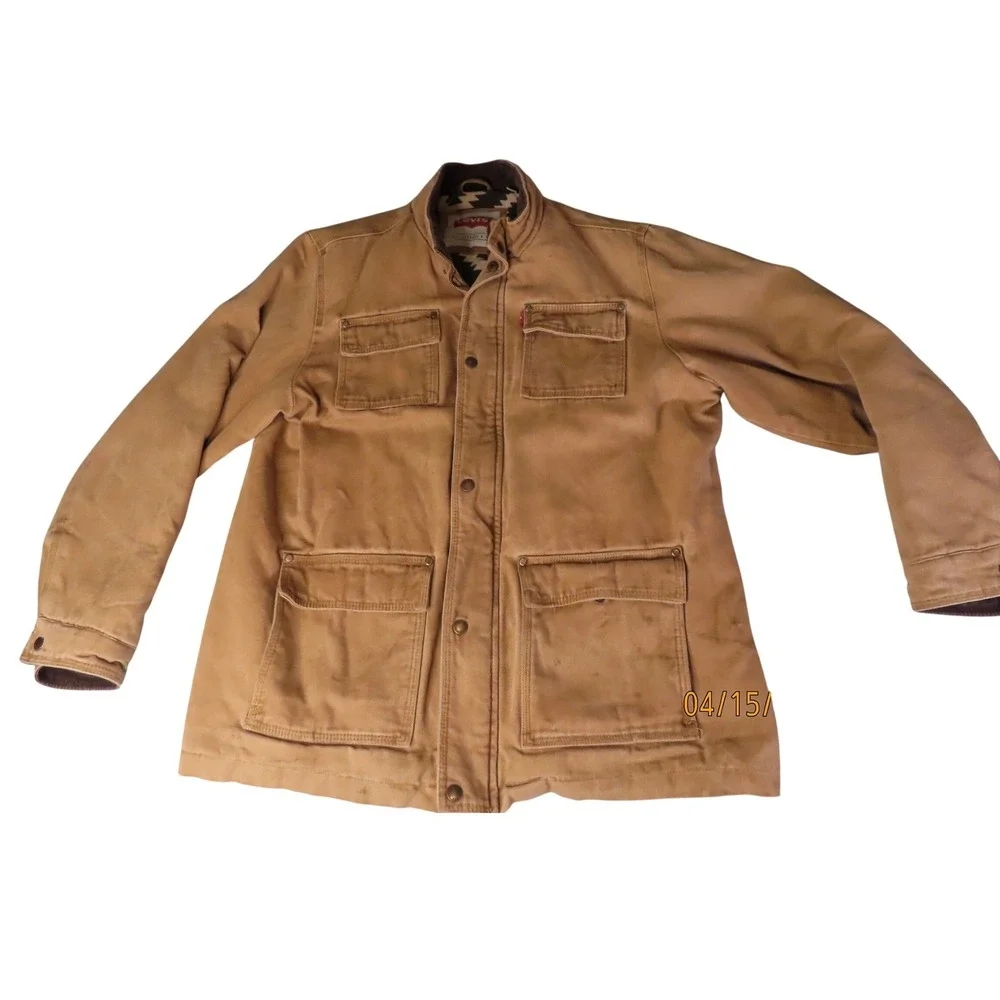 Levis Field Jacket Mens L Tan Canvas Military Aviator Coat Southwestern Aztec - Picture 1 of 16